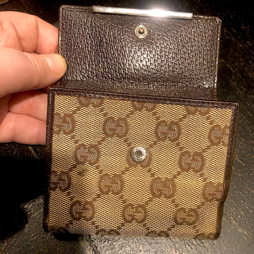 GUCCI GG Trifold Canvas Jacquard Wallet Tan Brown Leather Accent - Picture 4 of 17